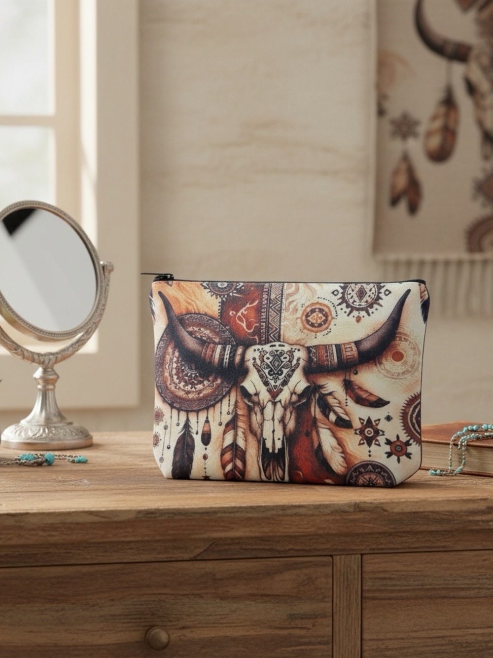 Boho Western /Aztec Inspired Geometric Print Makeup - Cosmetic Bag, Bull Skull